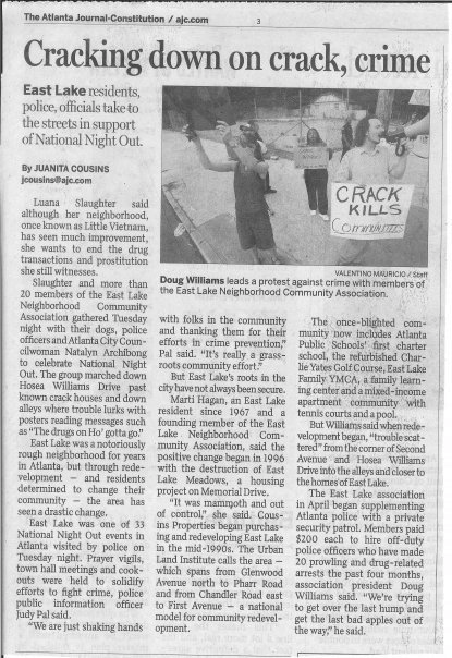 2005 article in AJC featuring Doug leading East Lake Residents in anti cerime rally at 2nd & Hosea